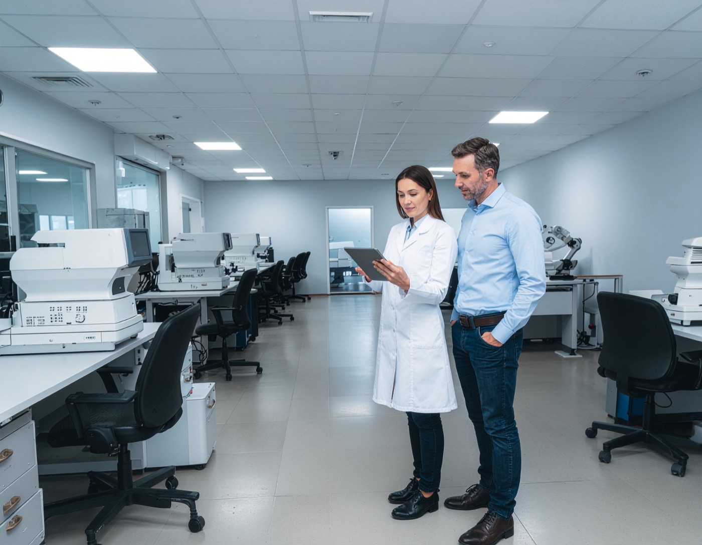FELS consultants reviewing equipment performance in an optical lab